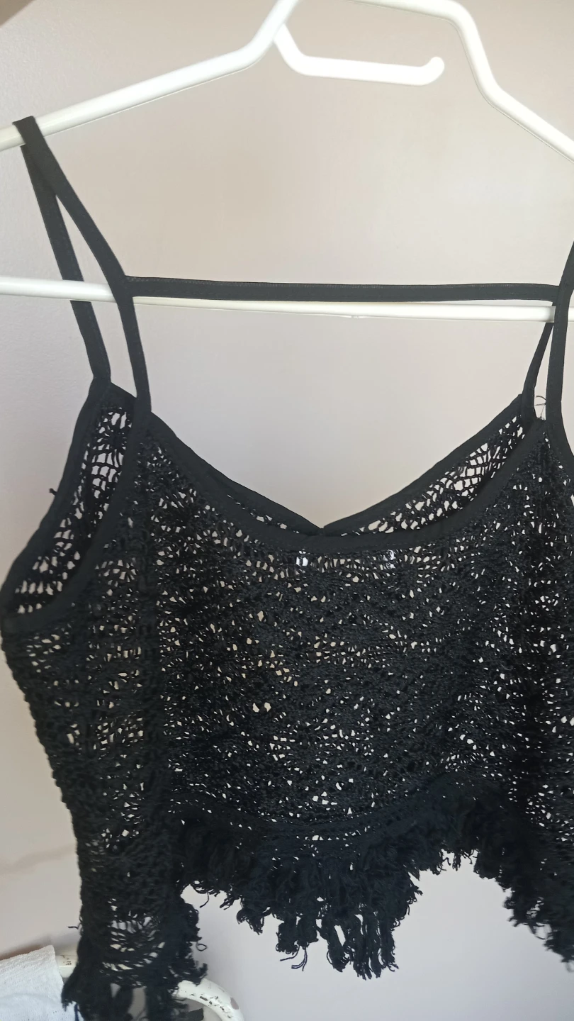 Black Crochet Tank Top with Fringe
