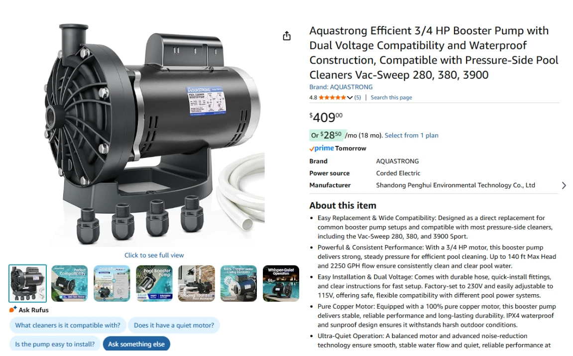 AquaStrong 3/4 HP Pool Cleaner Booster Pump - photo 2