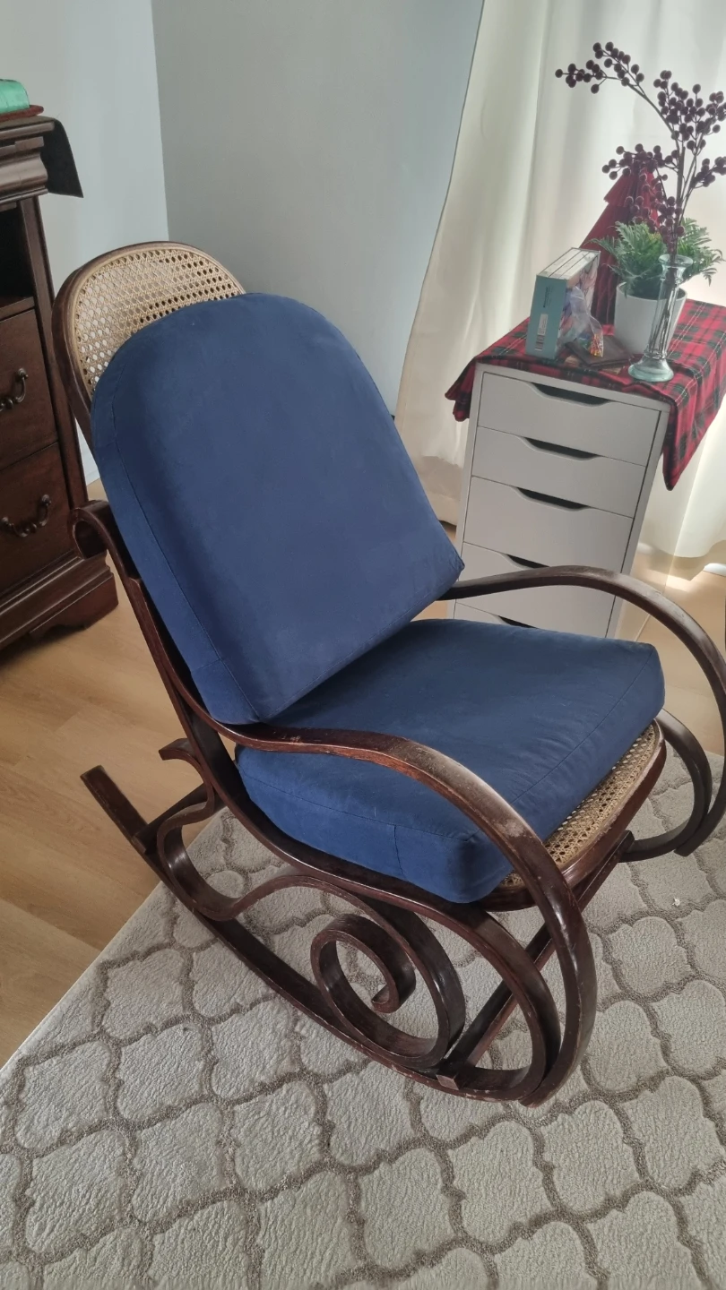 Vintage Wood Rocking Chair with Cane Back and Blue Cushion