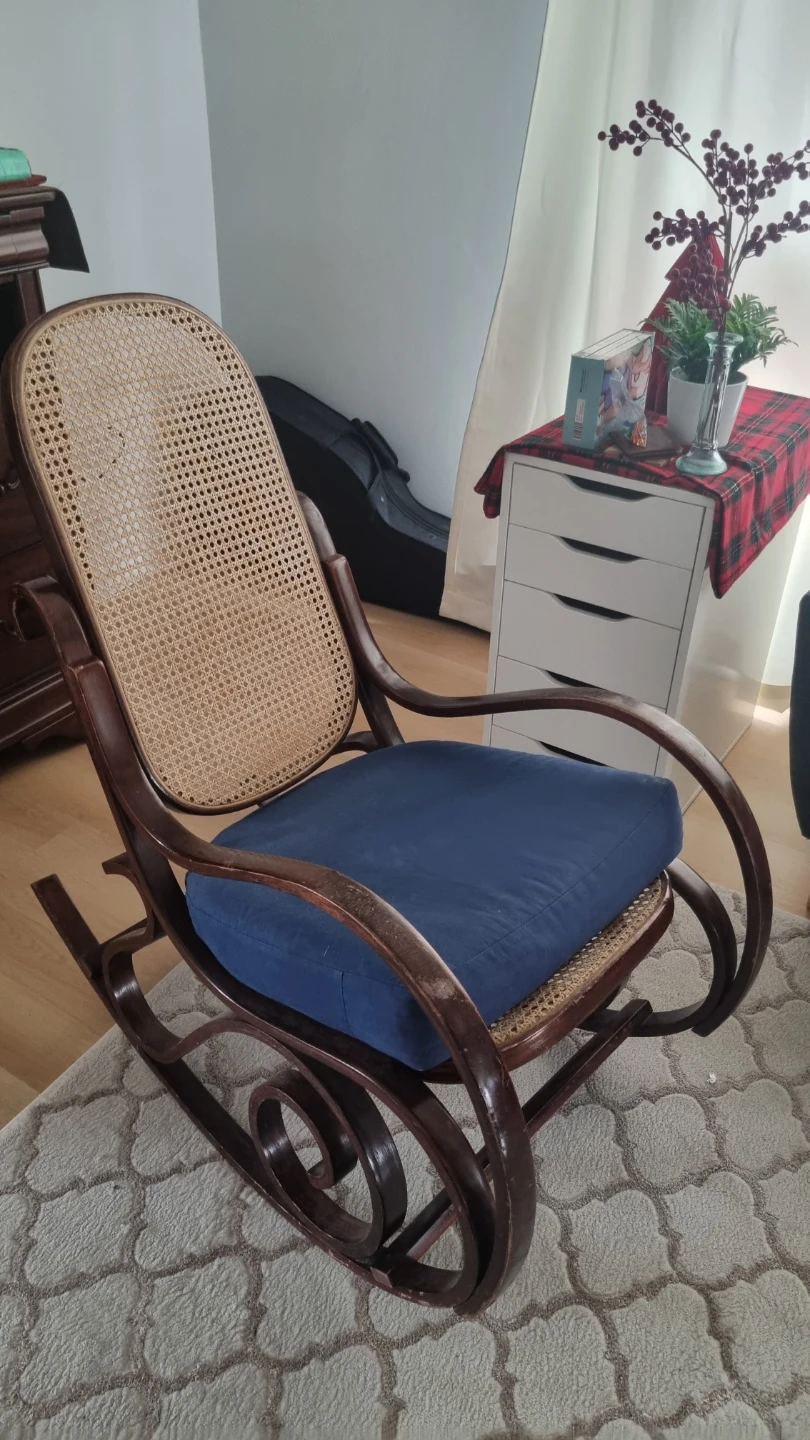 Vintage Wood Rocking Chair with Cane Back and Blue Cushion - photo 2