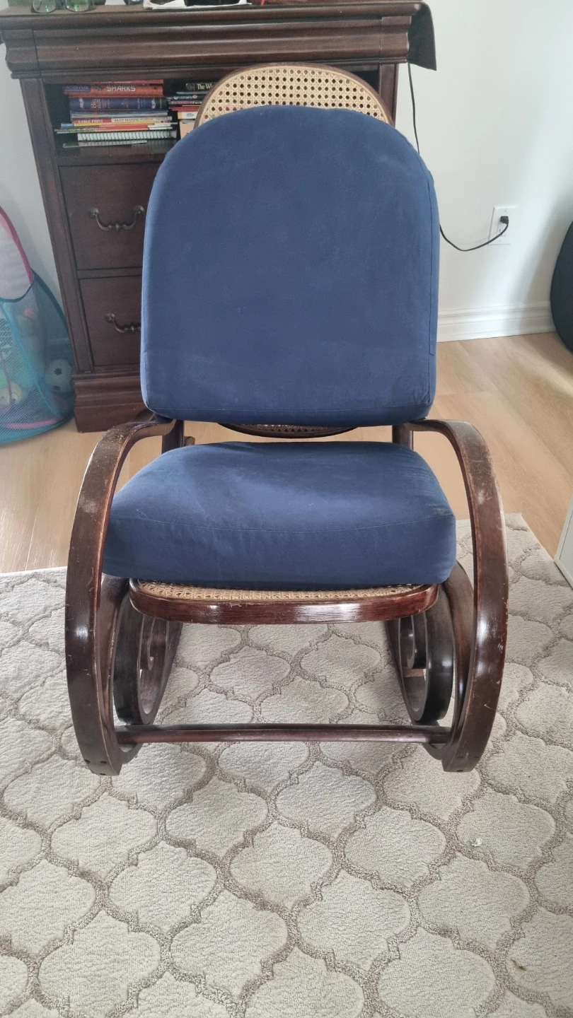 Vintage Wood Rocking Chair with Cane Back and Blue Cushion - photo 3