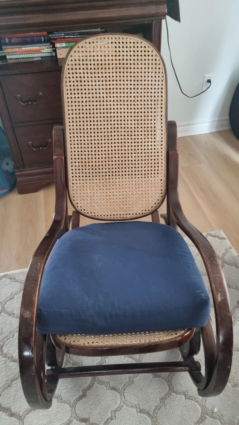 Vintage Wood Rocking Chair with Cane Back and Blue Cushion - photo 5