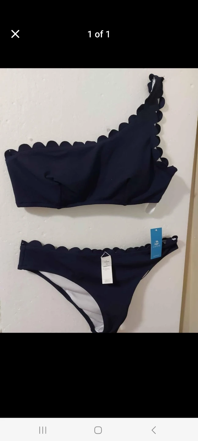 Cupshe Navy Blue Scalloped One-Shoulder Bikini Set Size L