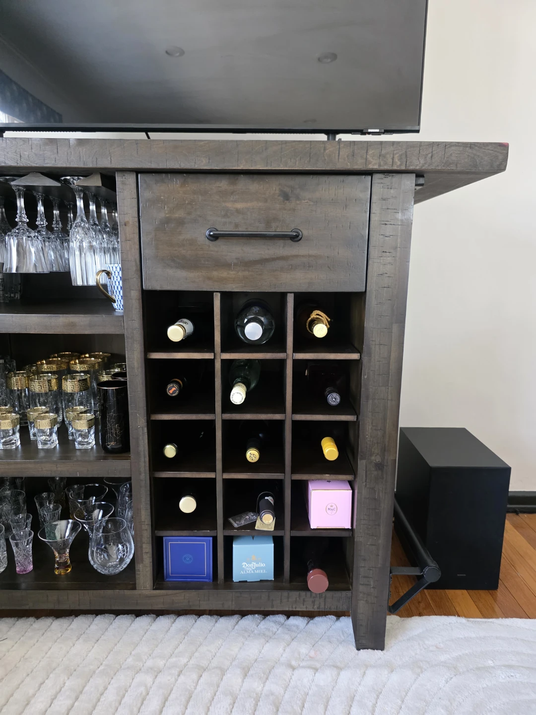 Rustic Wood Bar Cabinet with Wine Rack and Glass Hangers - photo 2
