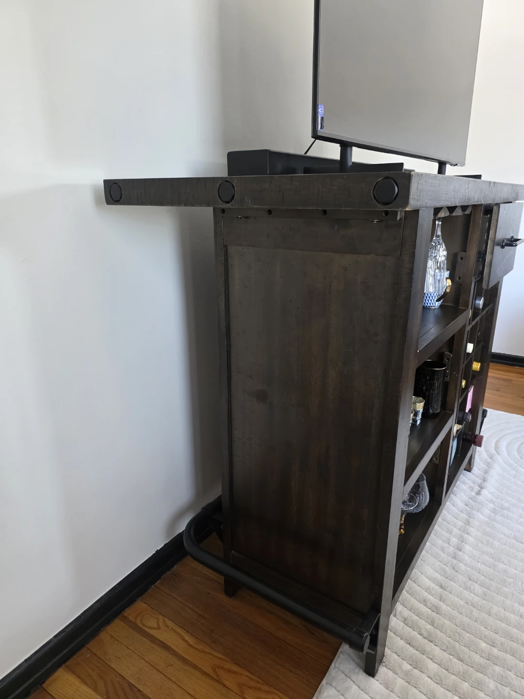 Rustic Wood Bar Cabinet with Wine Rack and Glass Hangers - photo 3