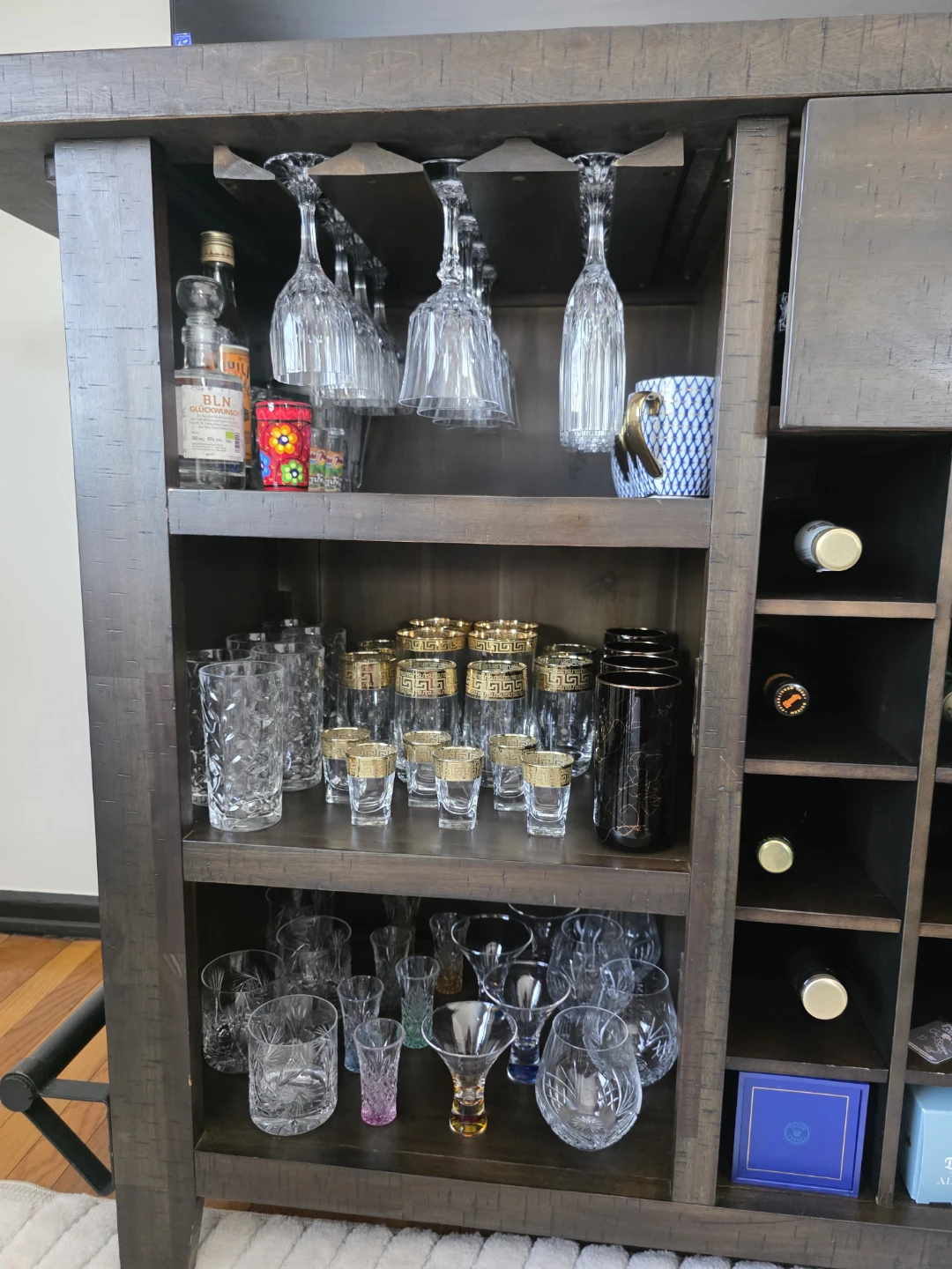 Rustic Wood Bar Cabinet with Wine Rack and Glass Hangers - photo 4