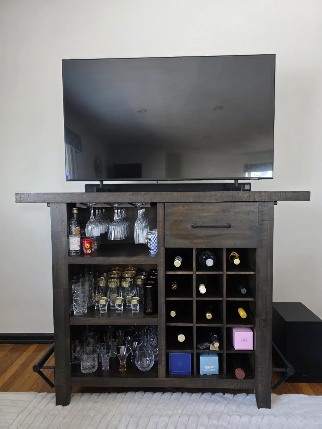 Rustic Wood Bar Cabinet with Wine Rack and Glass Hangers - photo 5