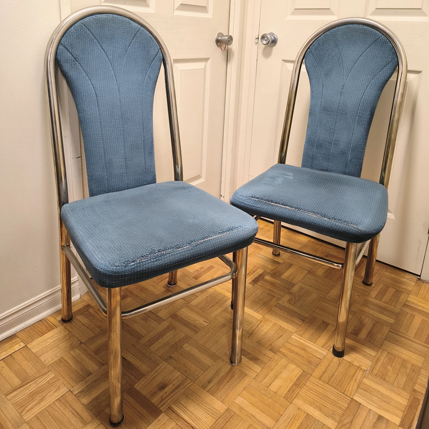 Vintage Brass and Blue Upholstered Dining Chairs