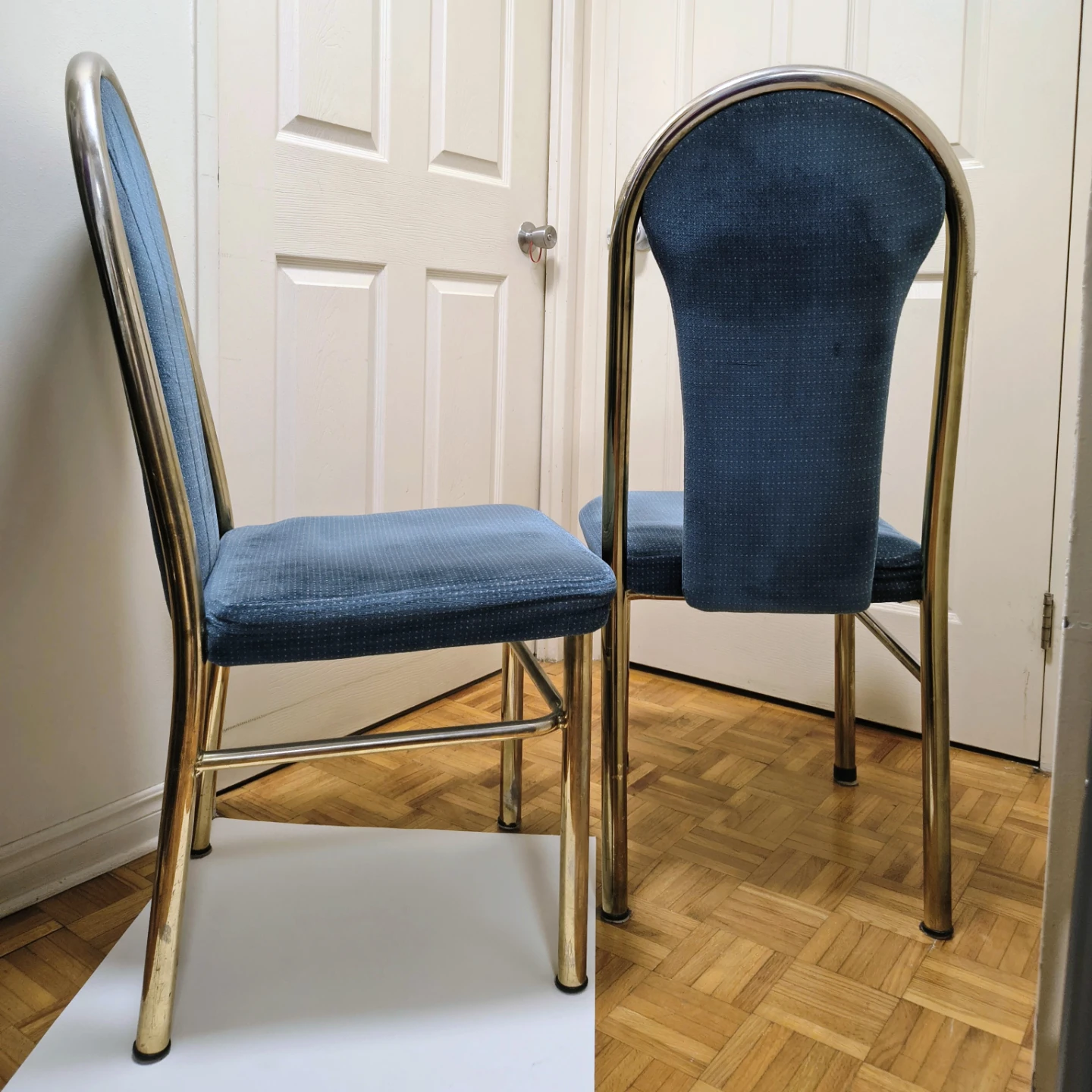 Vintage Brass and Blue Upholstered Dining Chairs - photo 2