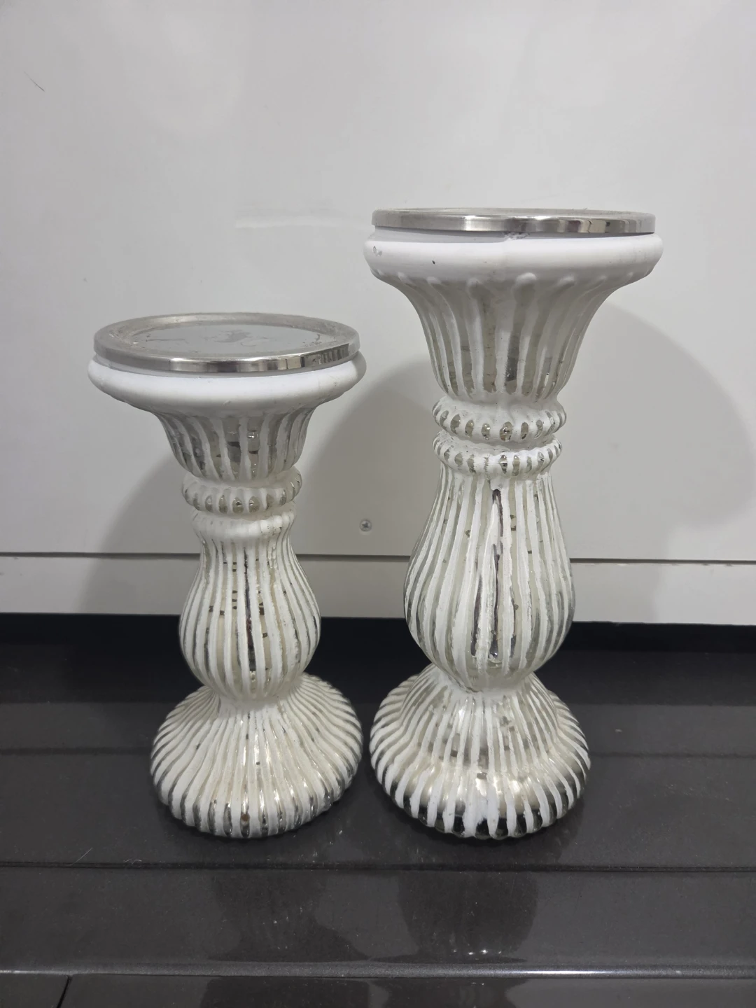 White & Silver Ribbed Pillar Candle Holders (Set of 2)