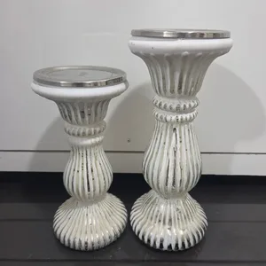White & Silver Ribbed Pillar Candle Holders (Set of 2)