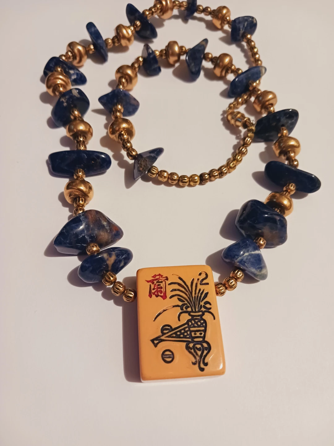 Mahjong Tile Pendant Blue Stone Beaded Necklace - photo 3