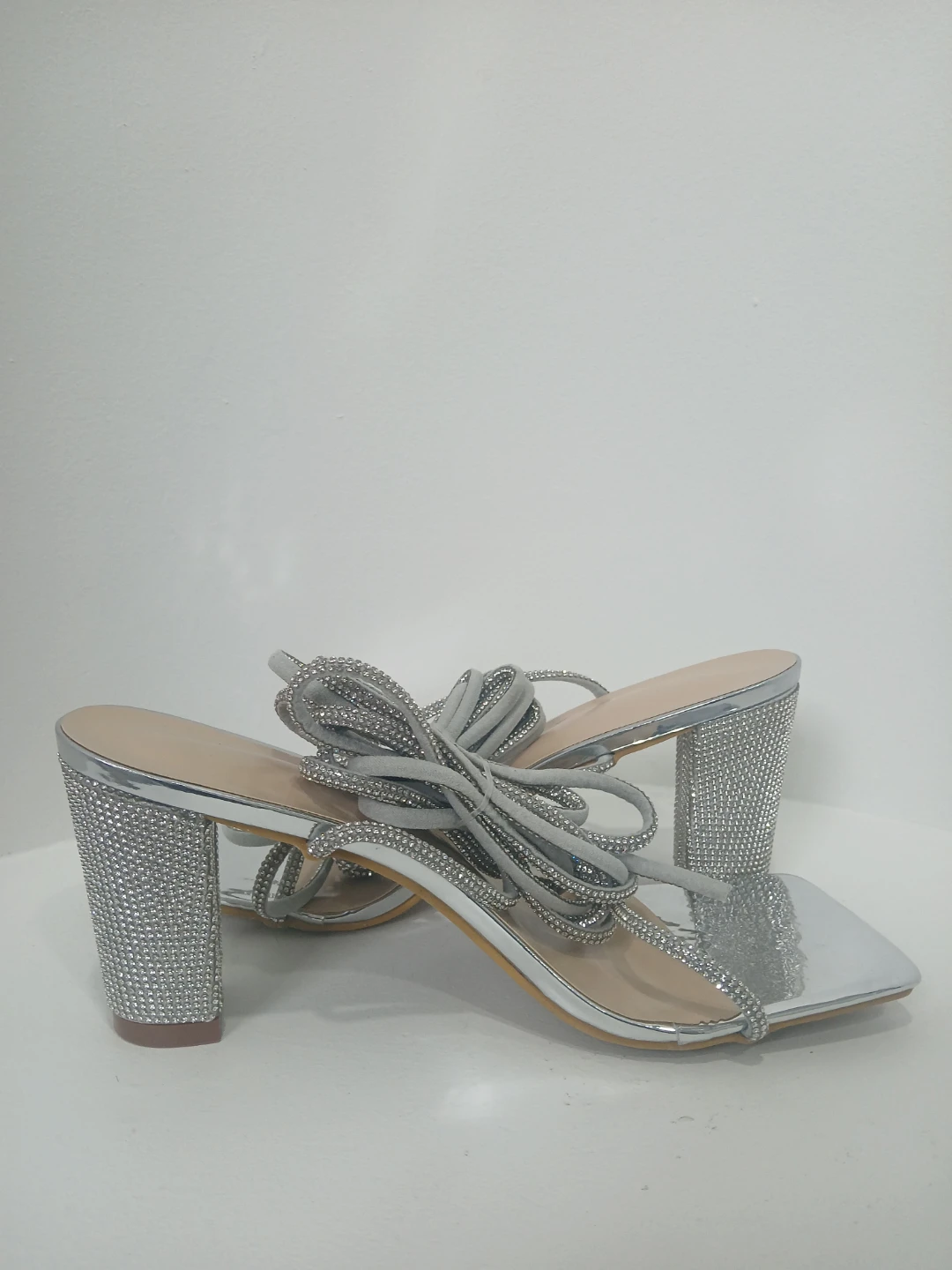 Silver Embellished Lace-Up Block Heels - photo 3