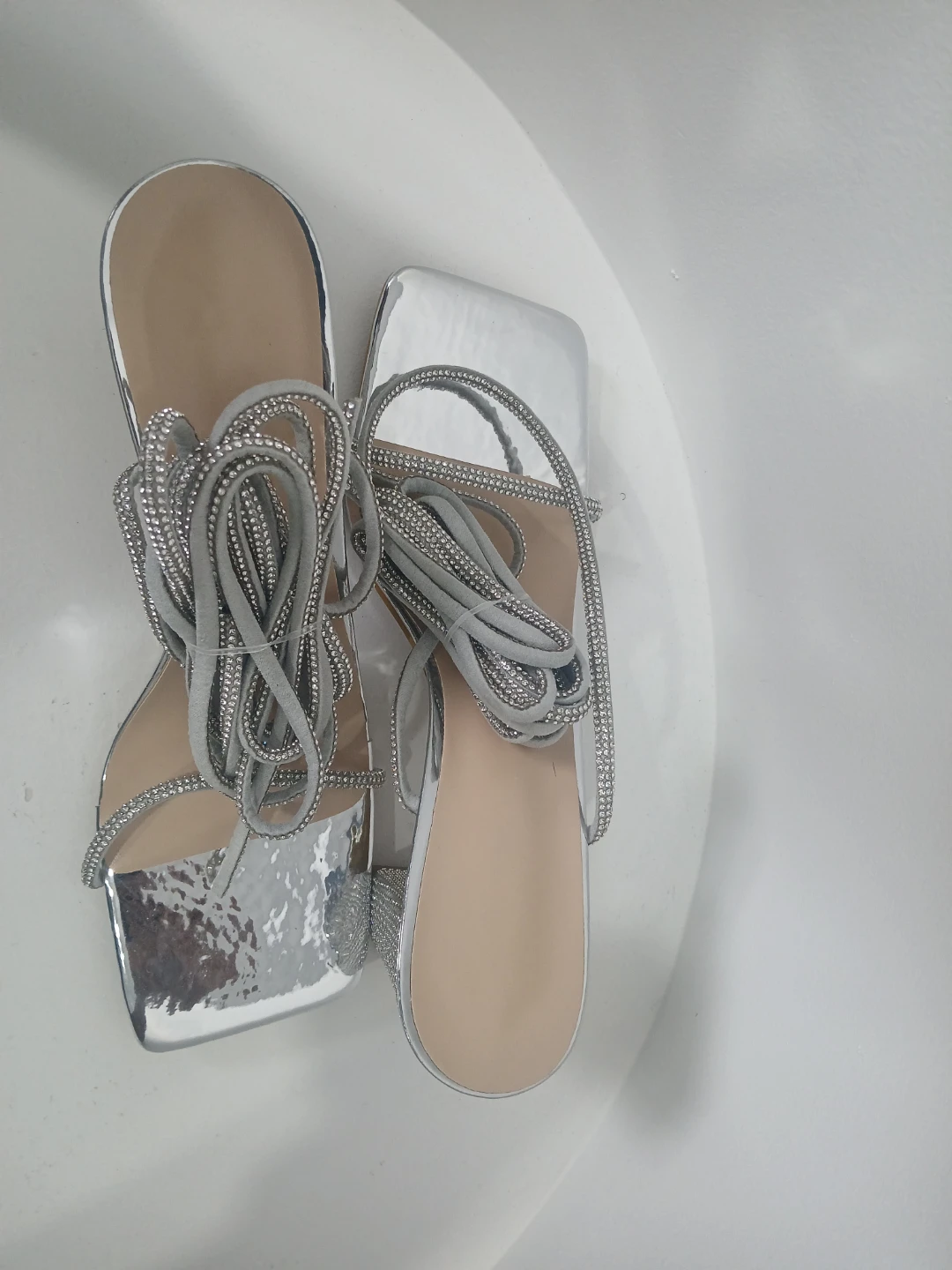 Silver Embellished Lace-Up Block Heels - photo 4