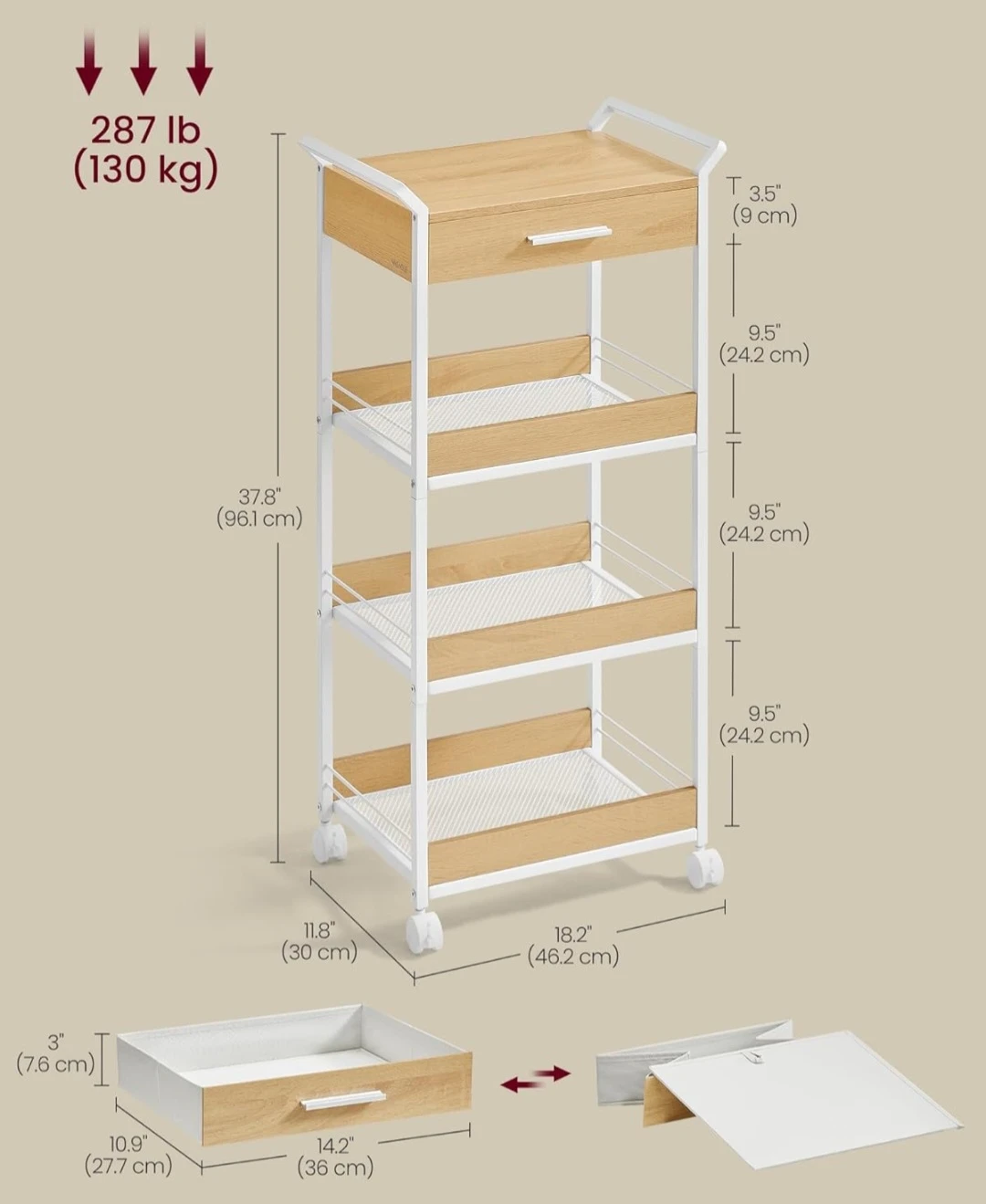 3-Tier Rolling Cart with Drawer - photo 5