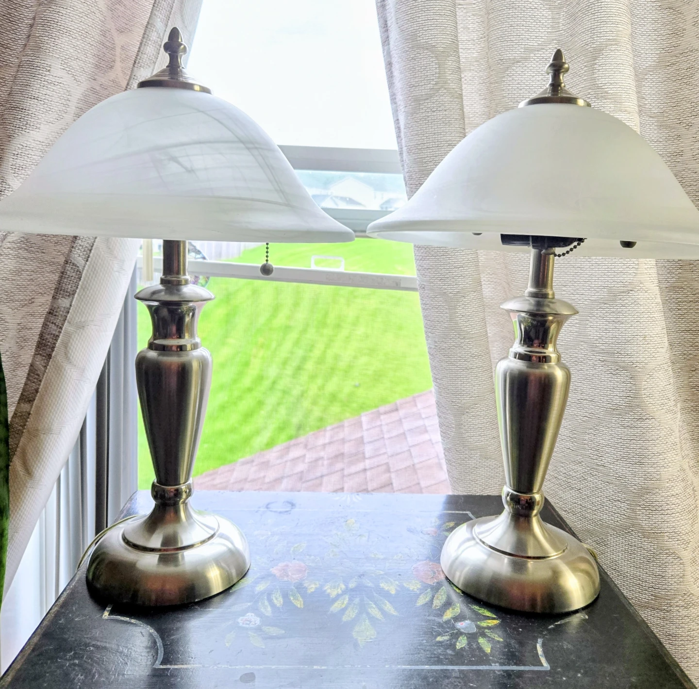 Pair of Brushed Nickel Table Lamps with White Marbleized Shades