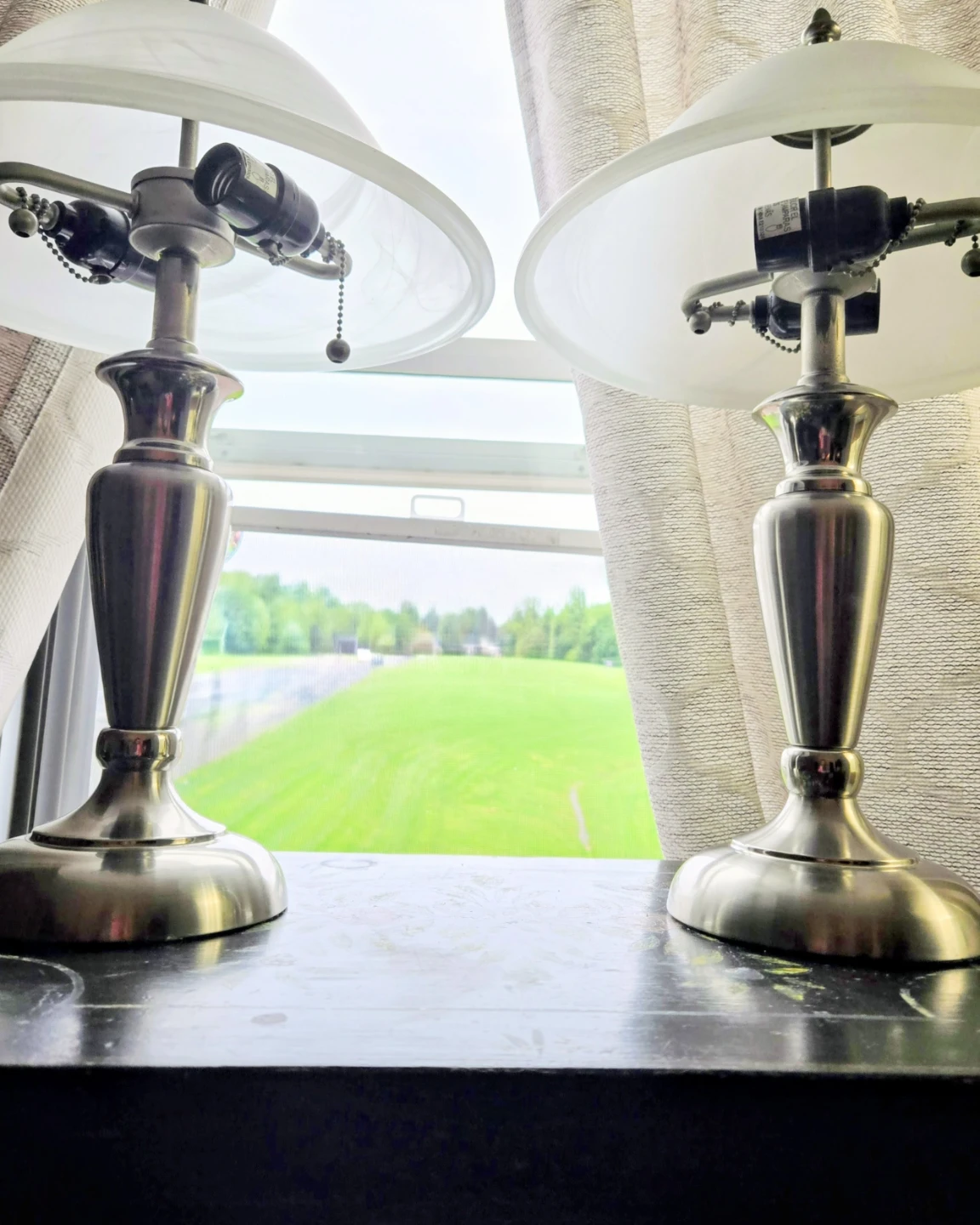 Pair of Brushed Nickel Table Lamps with White Marbleized Shades - photo 2