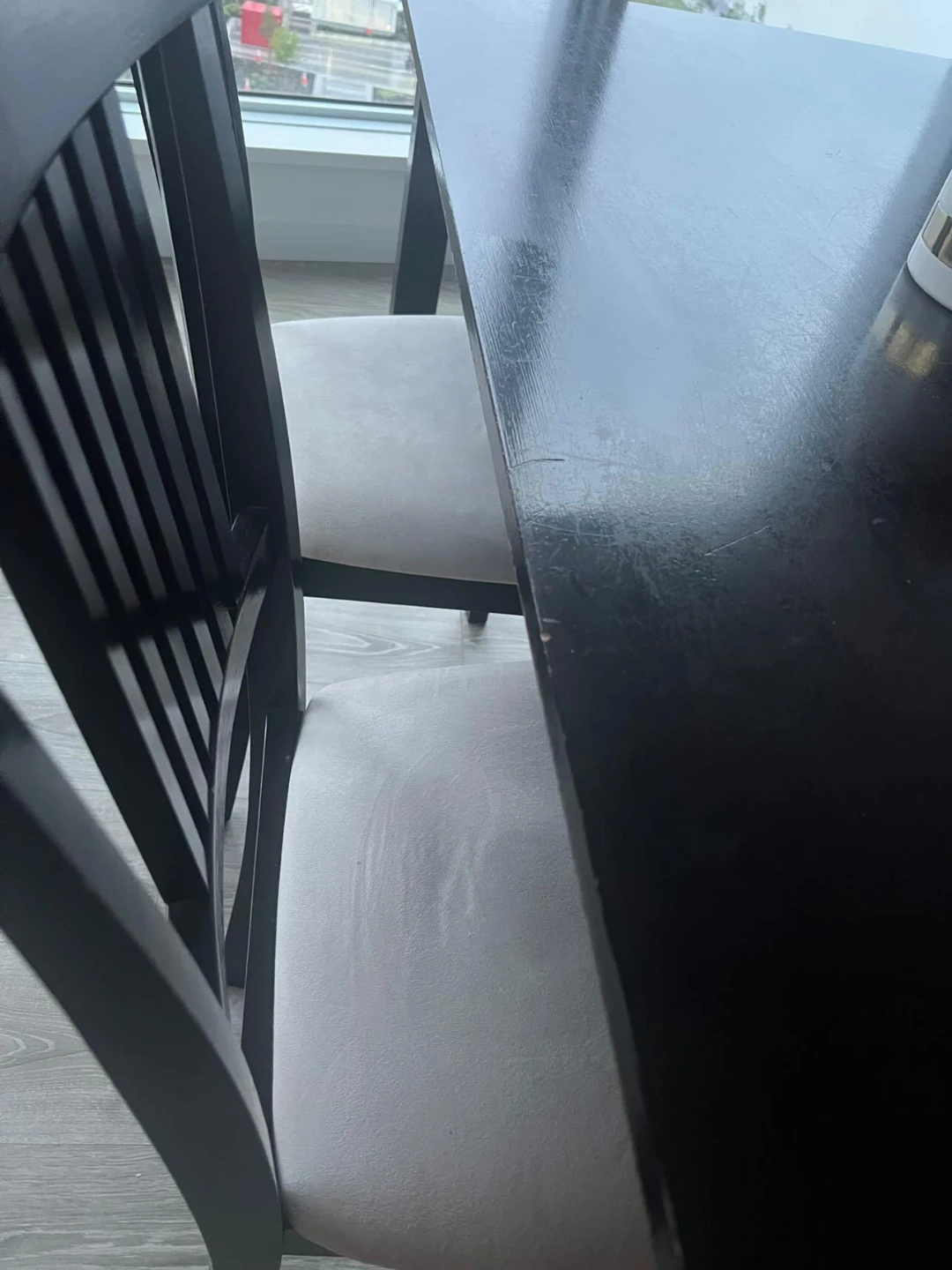 Dark Wood Dining Table with 4 Grey Upholstered Chairs