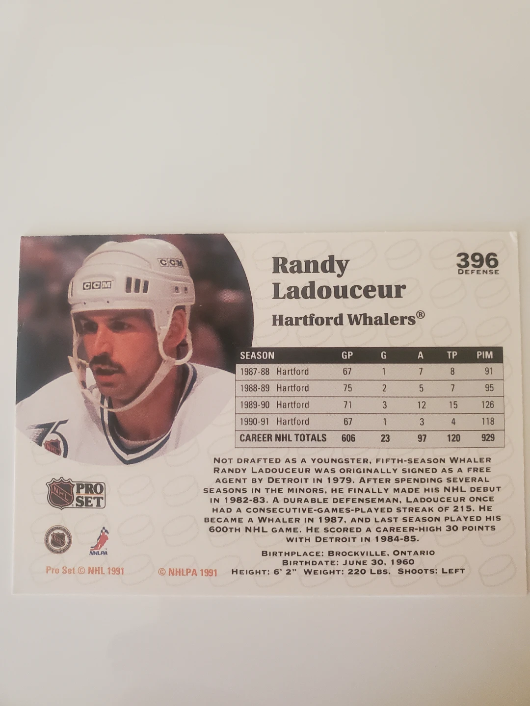 1991 Pro Set Randy Ladouceur Hockey Card - photo 2