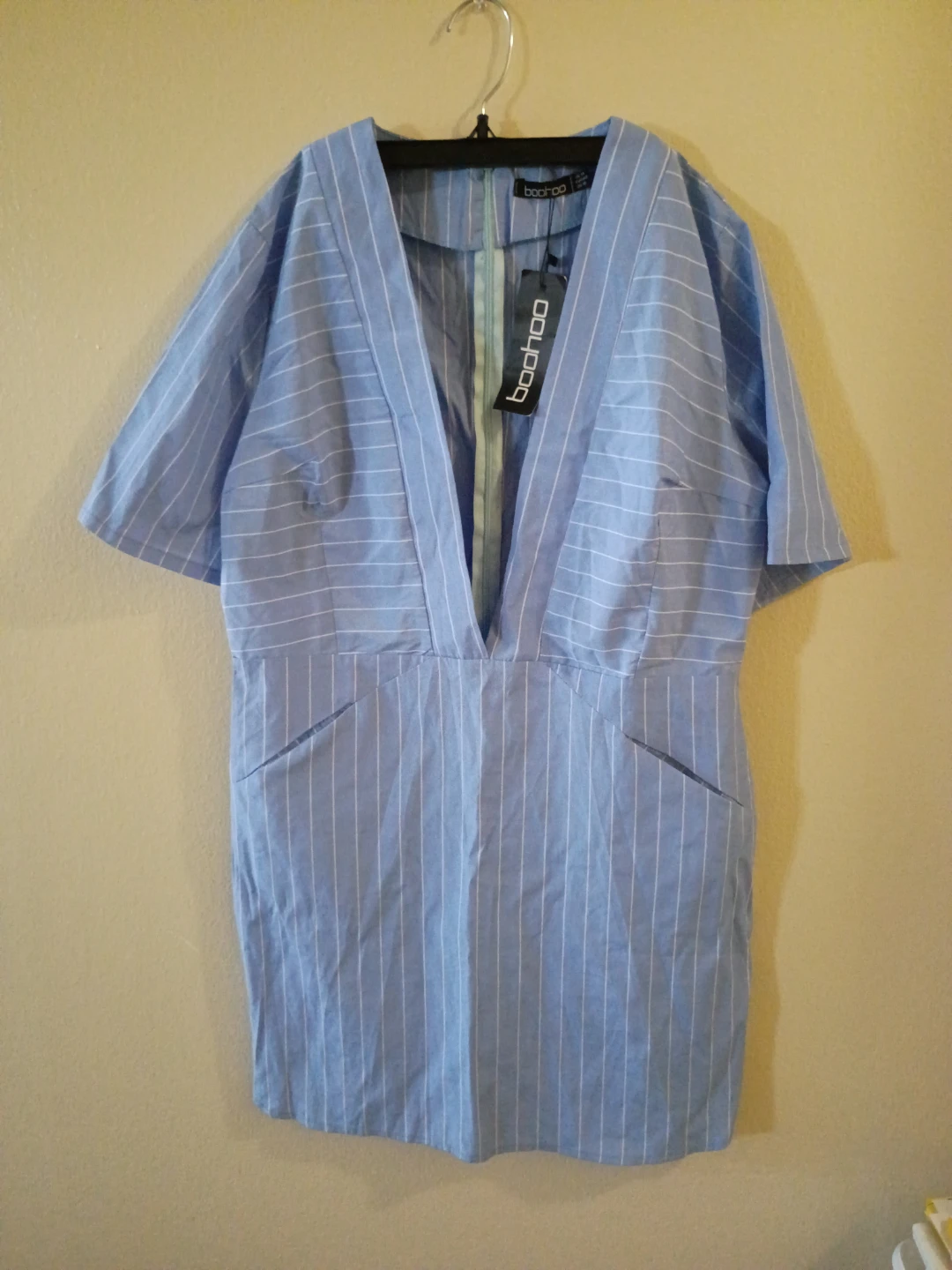 Boohoo Blue Pinstripe V-Neck Dress