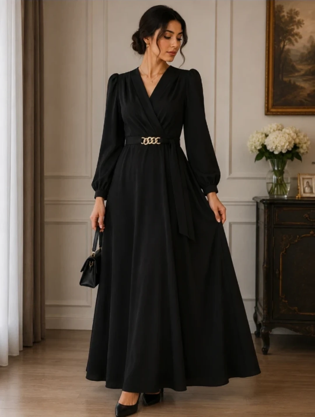 Black V-Neck Maxi Dress with Chain Belt
