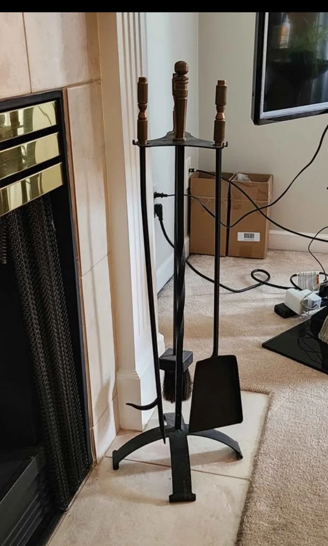 Black Wrought Iron Fireplace Tool Set with Brass Accents