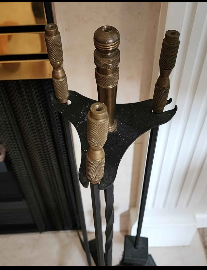 Black Wrought Iron Fireplace Tool Set with Brass Accents - photo 2
