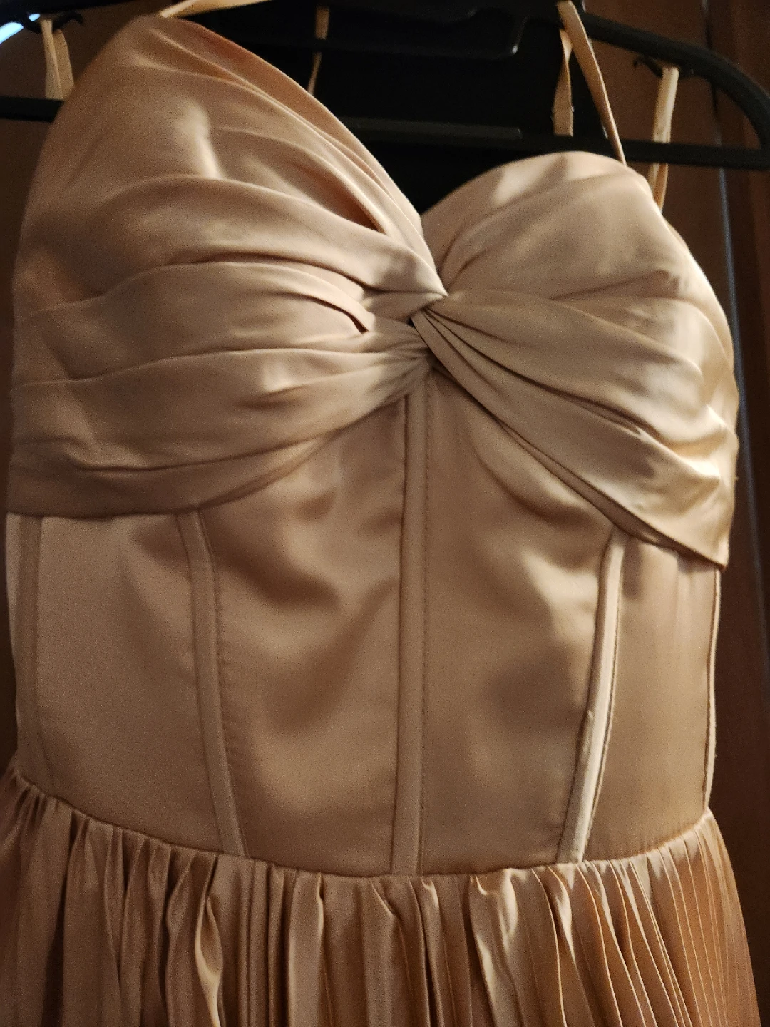 Gold Strapless Pleated Midi Dress