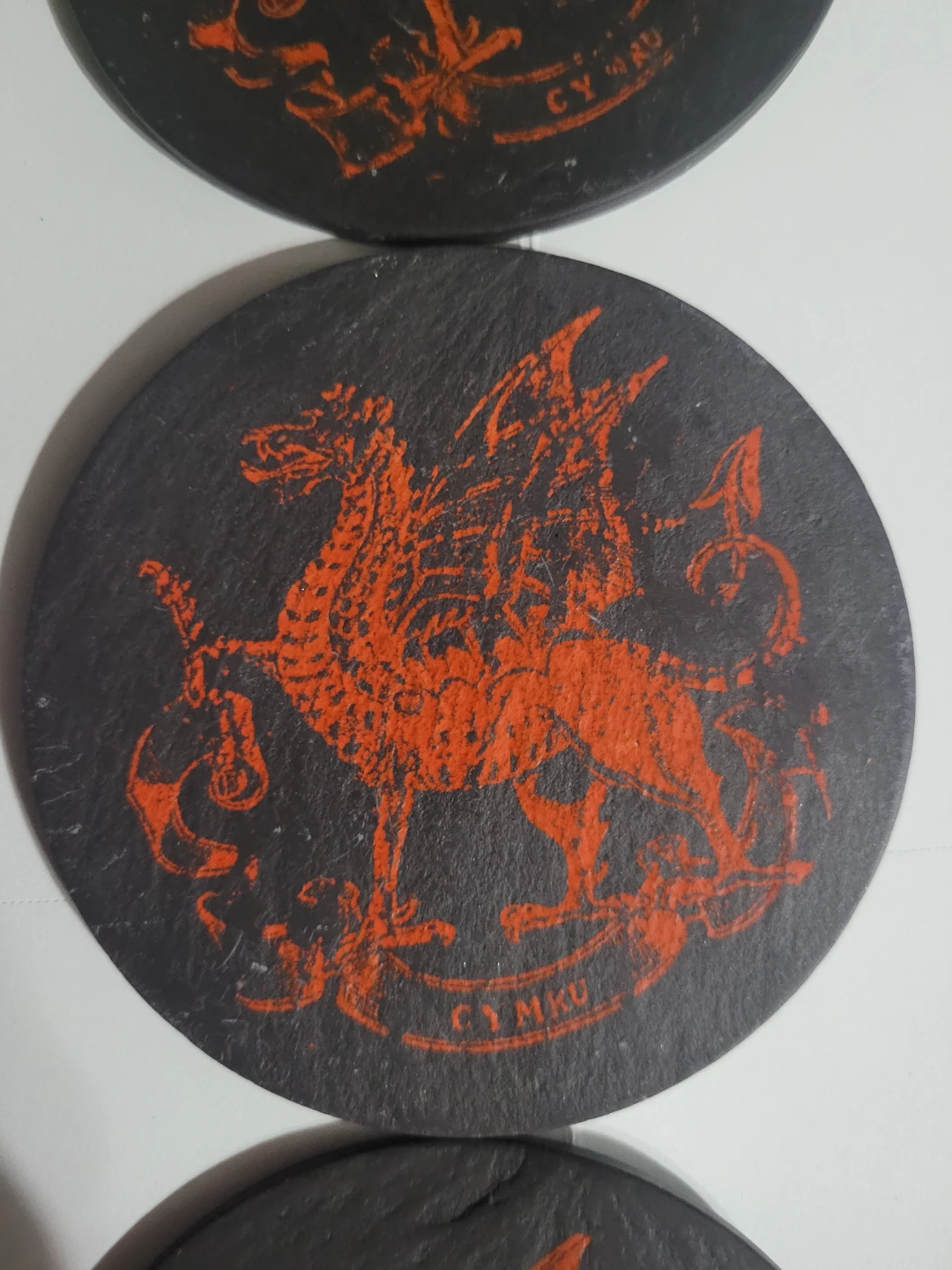 Set of 3 Round Slate Coasters with Dragon Design
