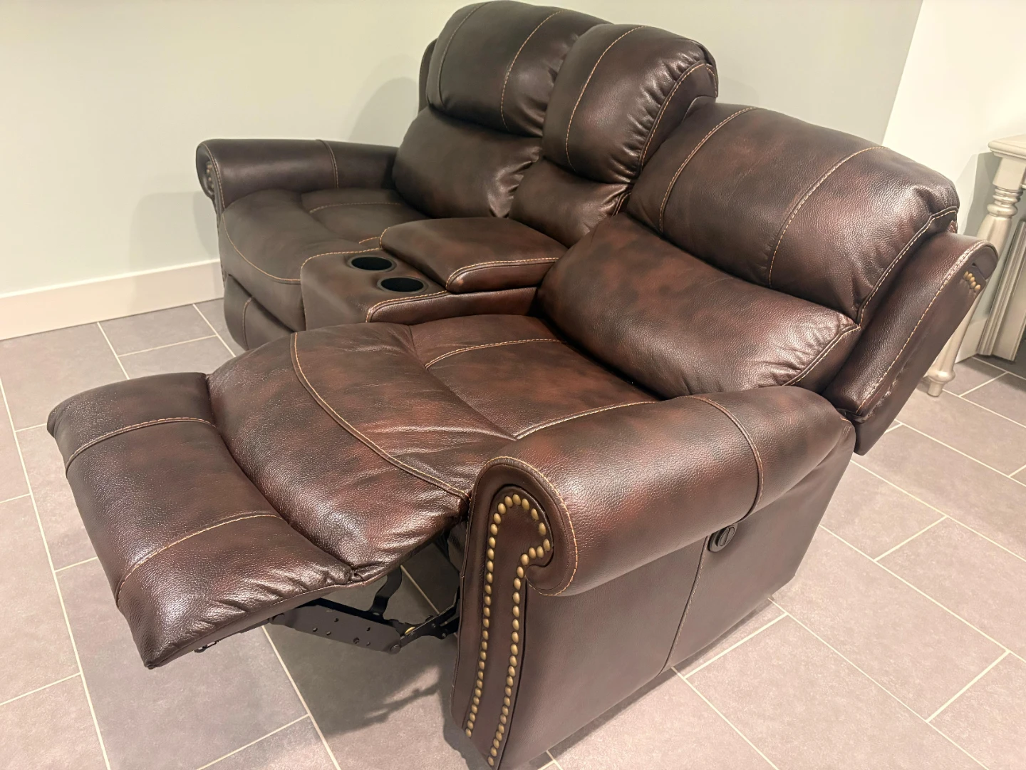 Brown Faux Leather Reclining Loveseat with Cup Holders - photo 2