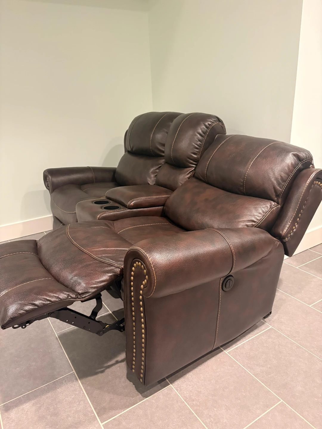 Brown Faux Leather Reclining Loveseat with Cup Holders - photo 3