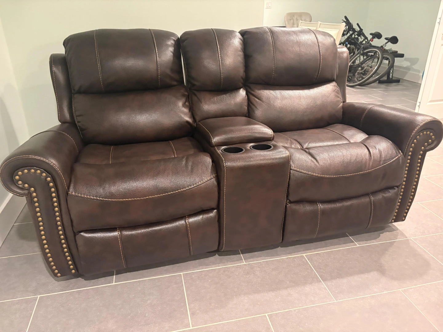 Brown Faux Leather Reclining Loveseat with Cup Holders - photo 5