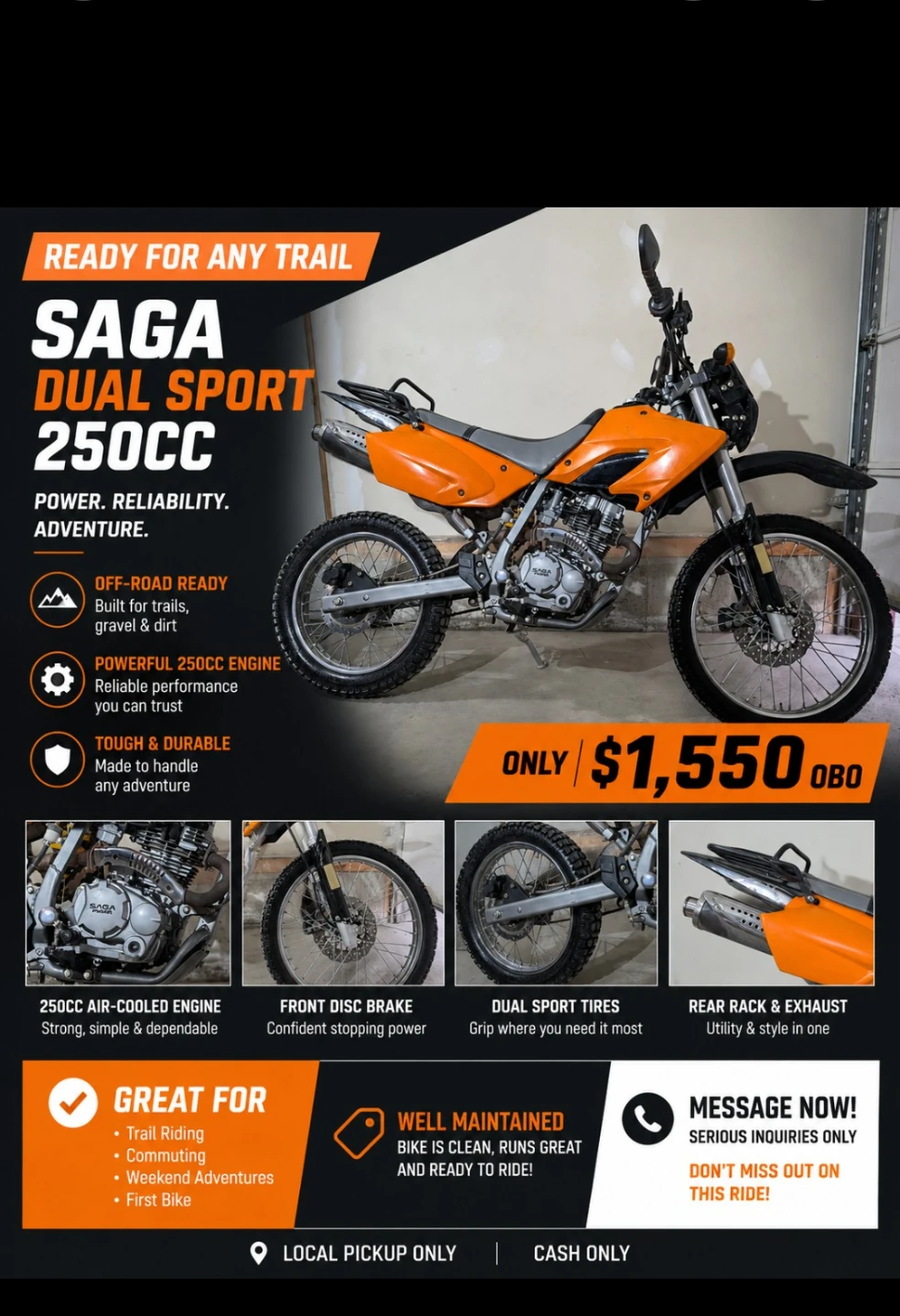 Saga Dual Sport 250cc Motorcycle - Orange