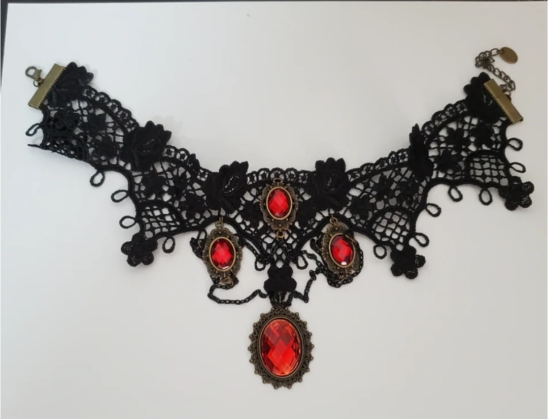 Black Lace Choker with Red Gemstones