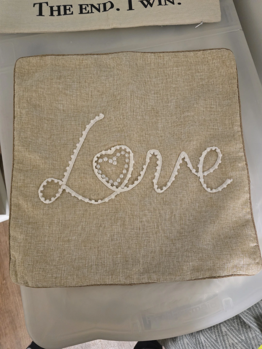 Beige Linen Pillow Cover with "Love" Design