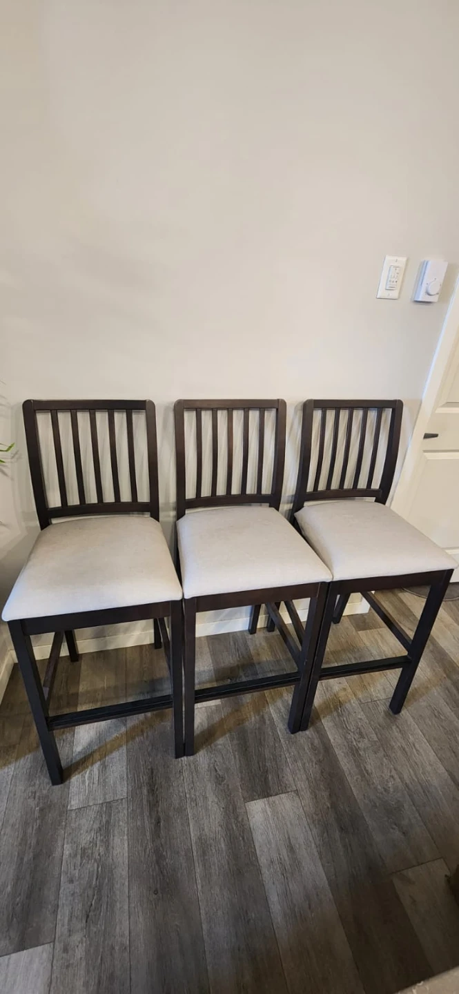 Ikea Set of 3 Dark Brown Bar Stools with Beige Cushions