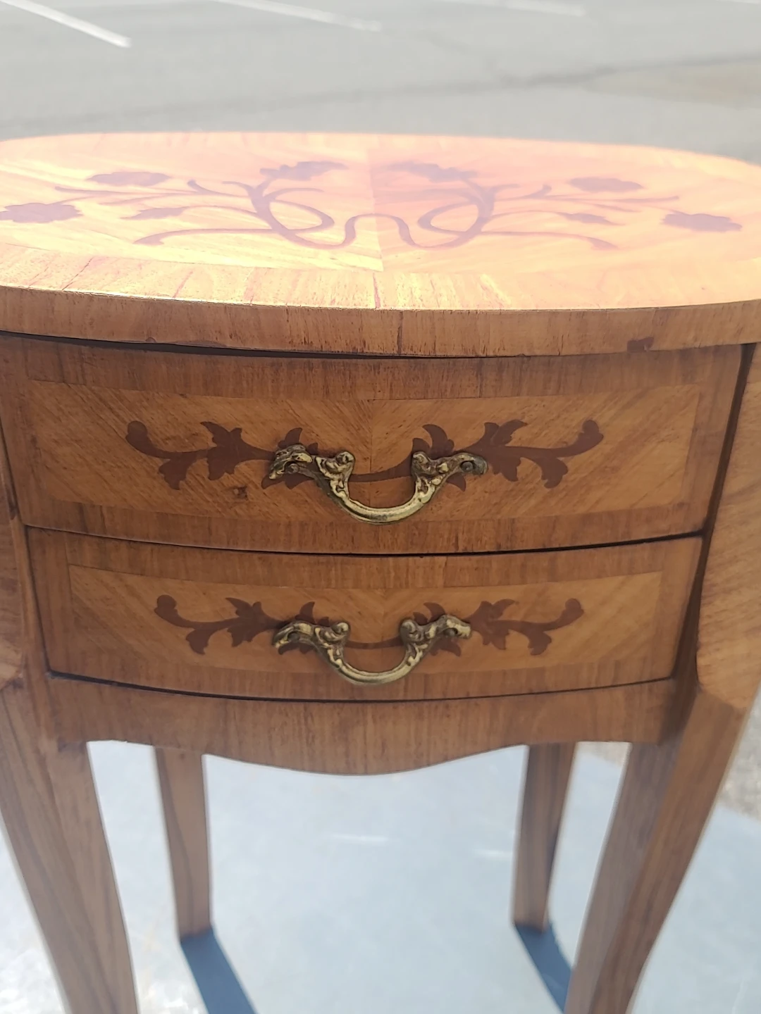 Vintage Inlaid Wood Oval Table with Drawers