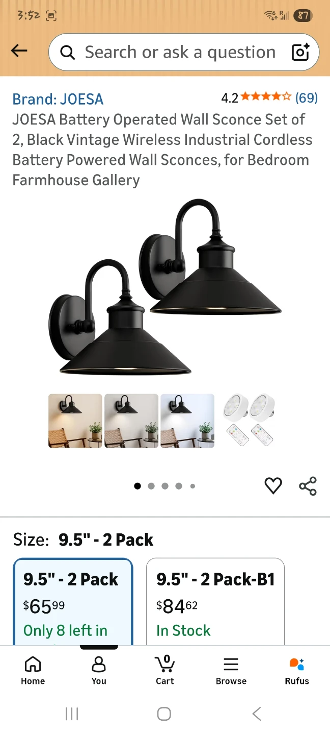 Battery Operated Wall Sconces Set of 2 Black Vintage