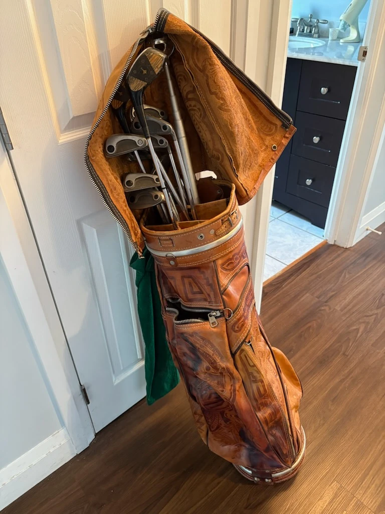 Vintage Leather Golf Bag with Clubs