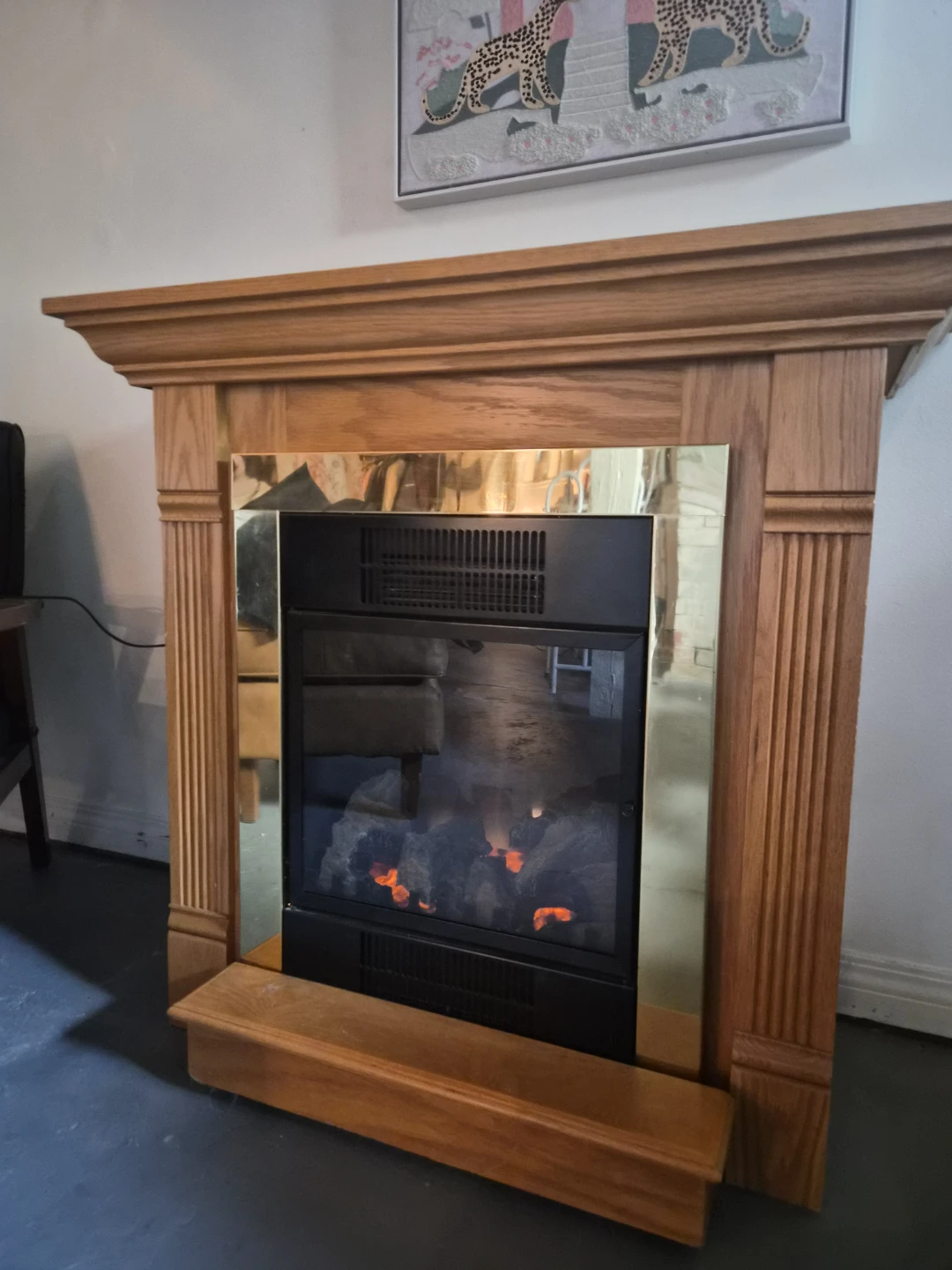 Oak Electric Fireplace with Mirror Trim