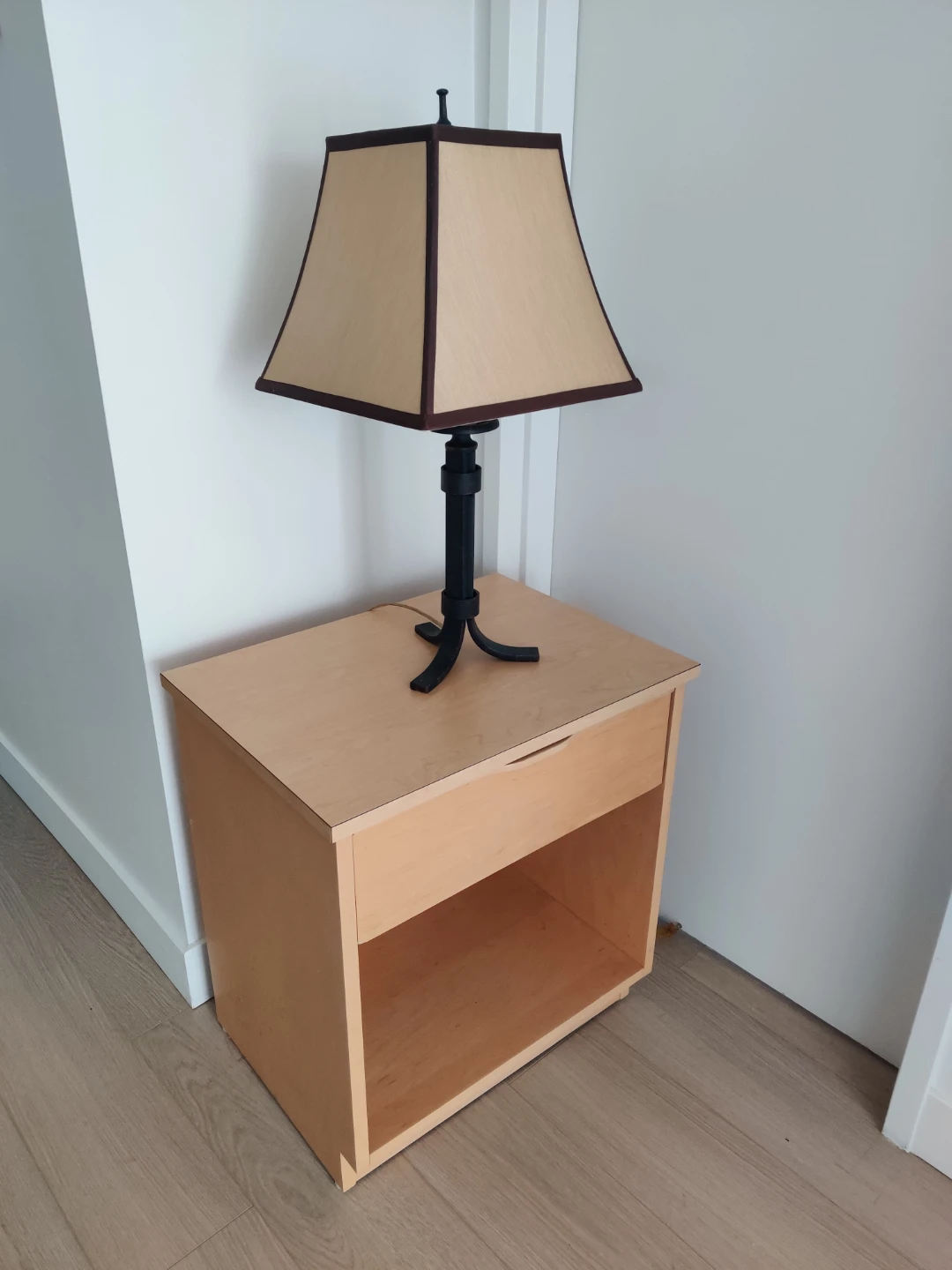 Maple Bedside Table + Iron Lamp