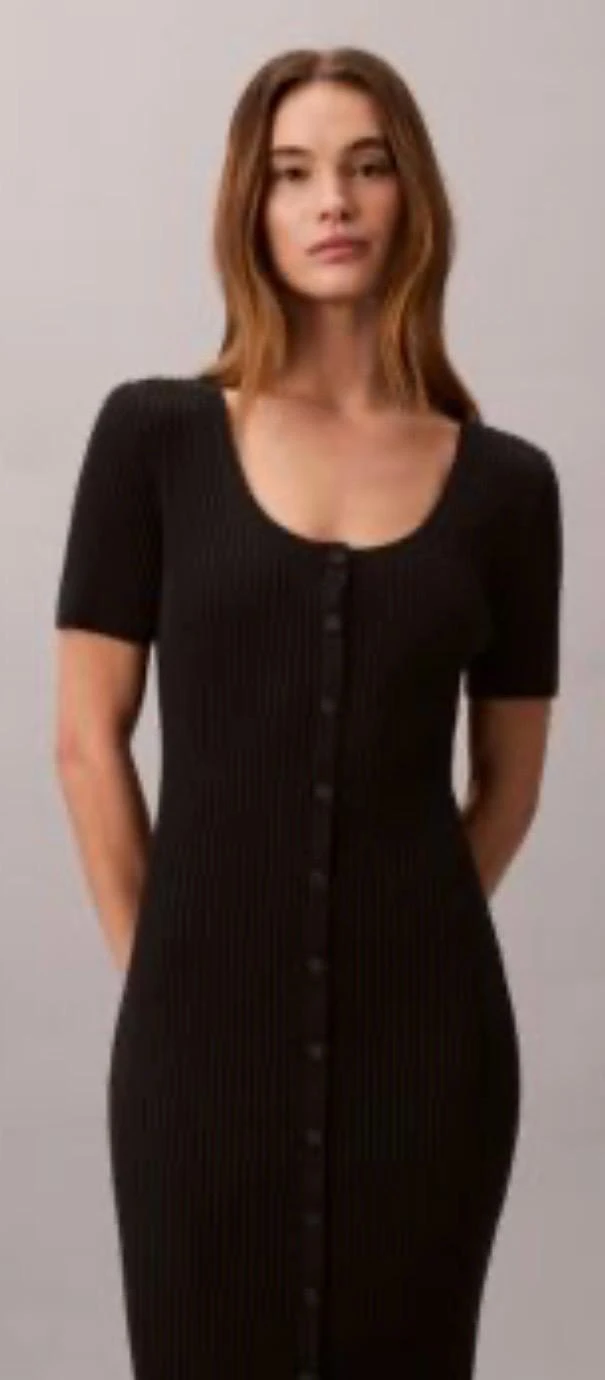 A&F Ribbed Button-Front Short Sleeve Midi Dress