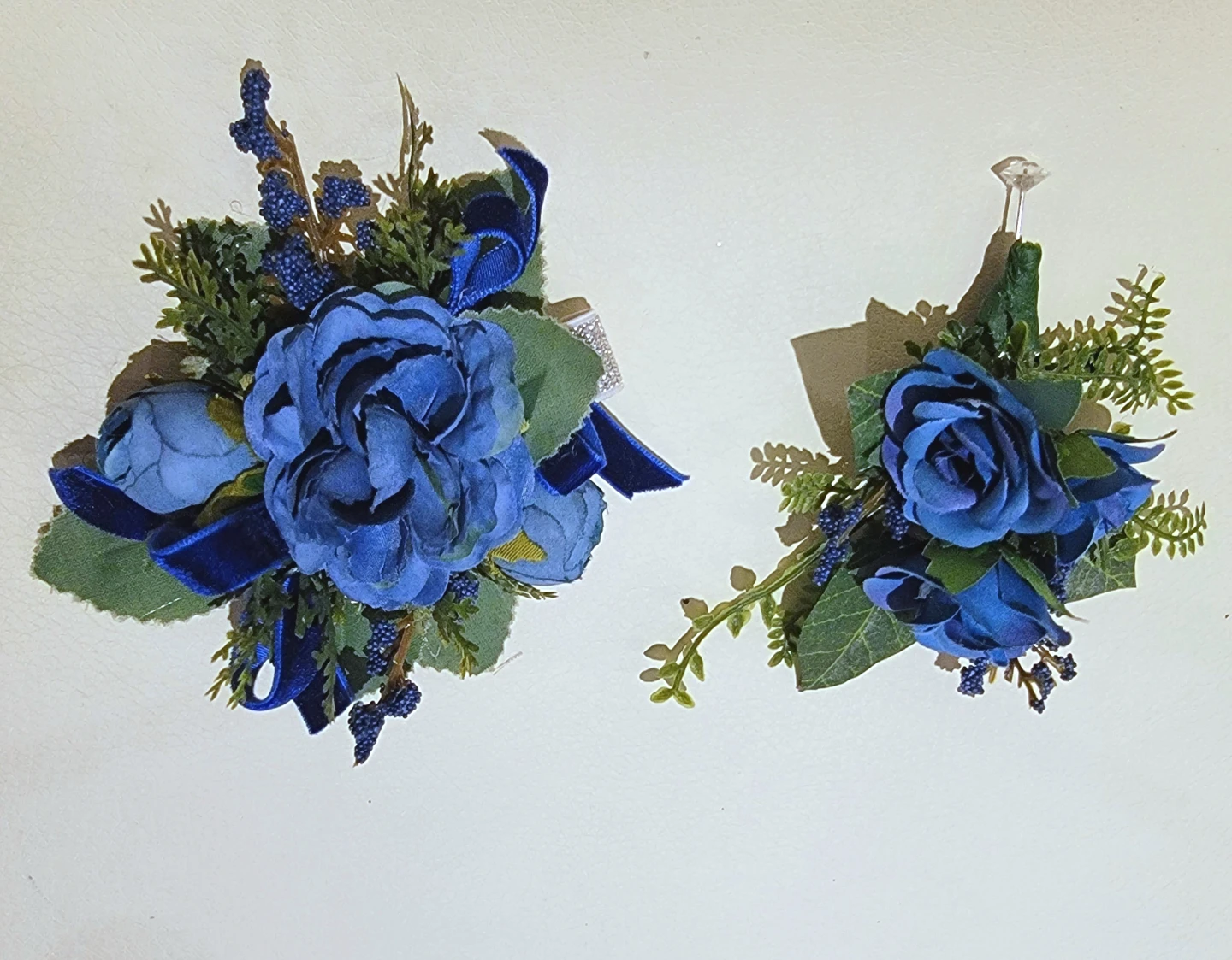 White and Blue Rose Boutonniere and Corsage Sets