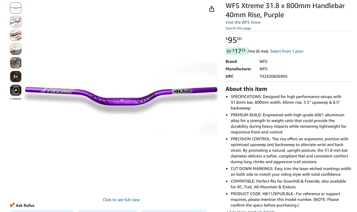 WFS Xtreme 31.8 x 800mm Handlebar - Purple, 40mm Rise - photo 2