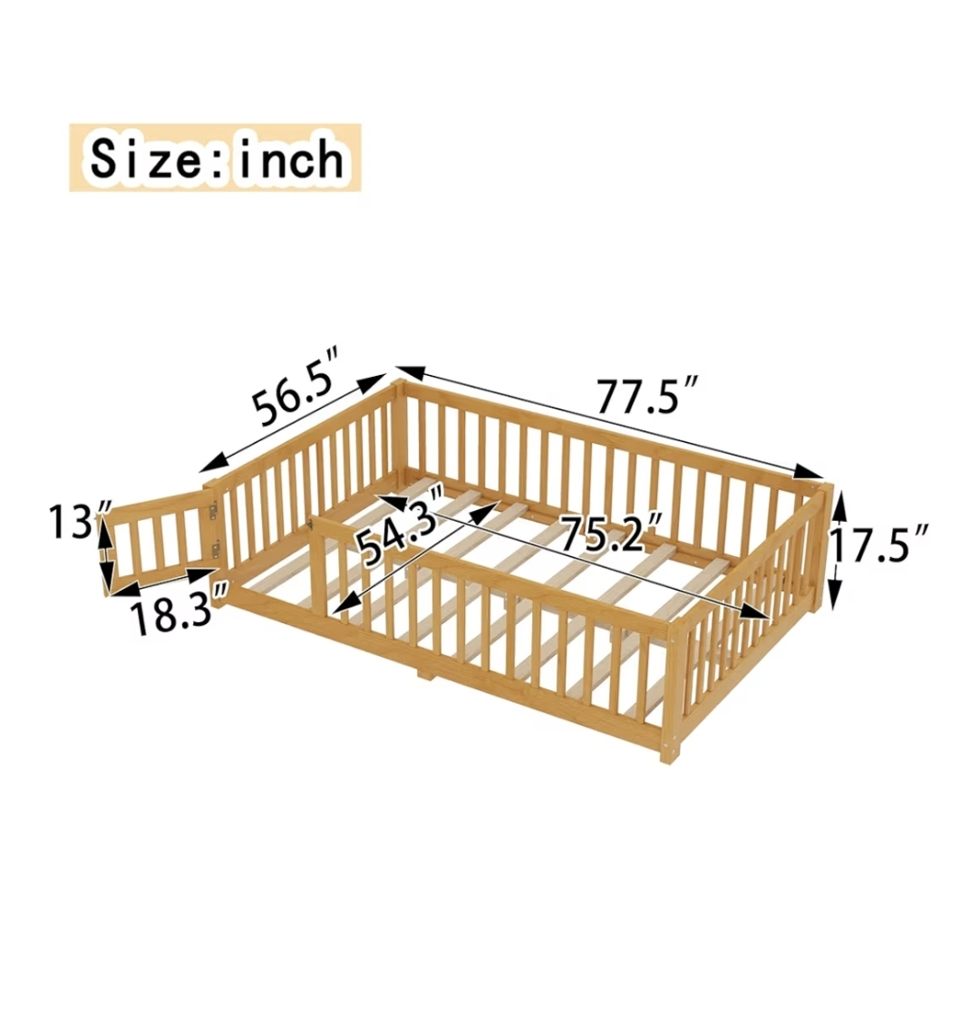 Full Size Floor Bed with Rails - Natural Wood - photo 3