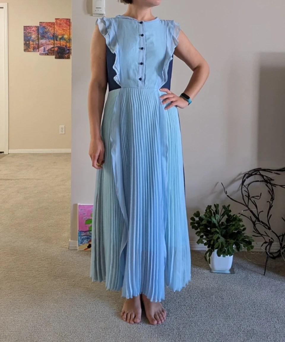 Blue Pleated Maxi Dress with Ruffled Shoulders