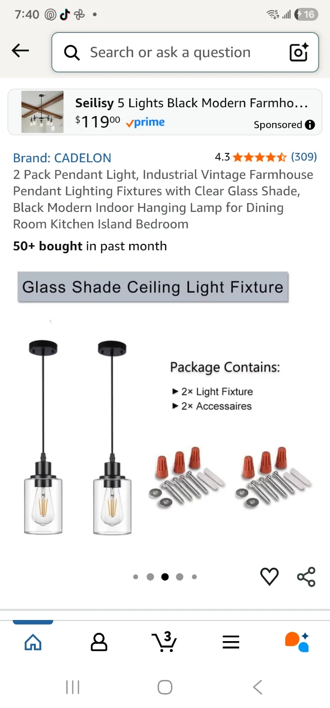 CADELON 2 Pack Glass Pendant Light Fixture Black Farmhouse