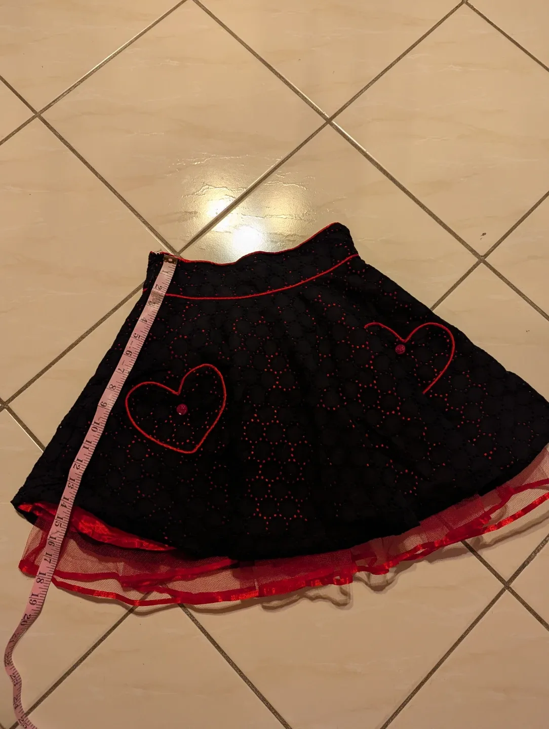 Black Broderie Anglaise Skirt with Red Trim and Hearts