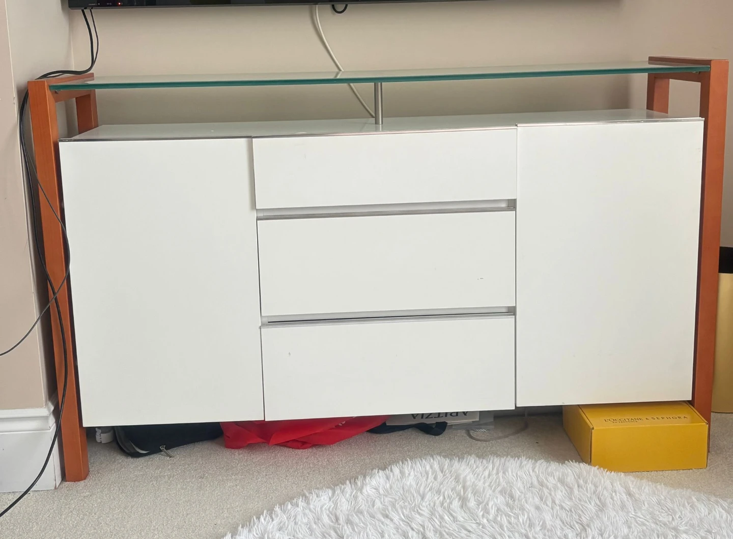 White Sideboard with Glass Top and Wooden Frame - photo 2
