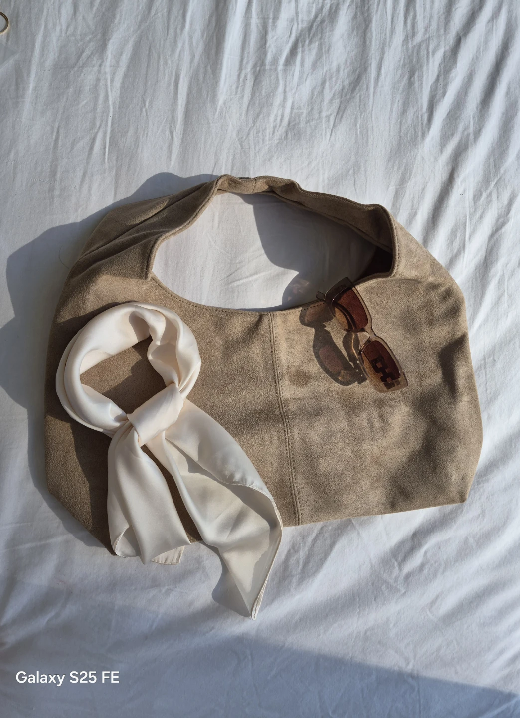 Tan Suede Hobo Bag with Cream Scarf and Sunglasses